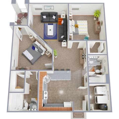 A 3D floor plan of a small apartment with a kitchen, living room, and bedroom.